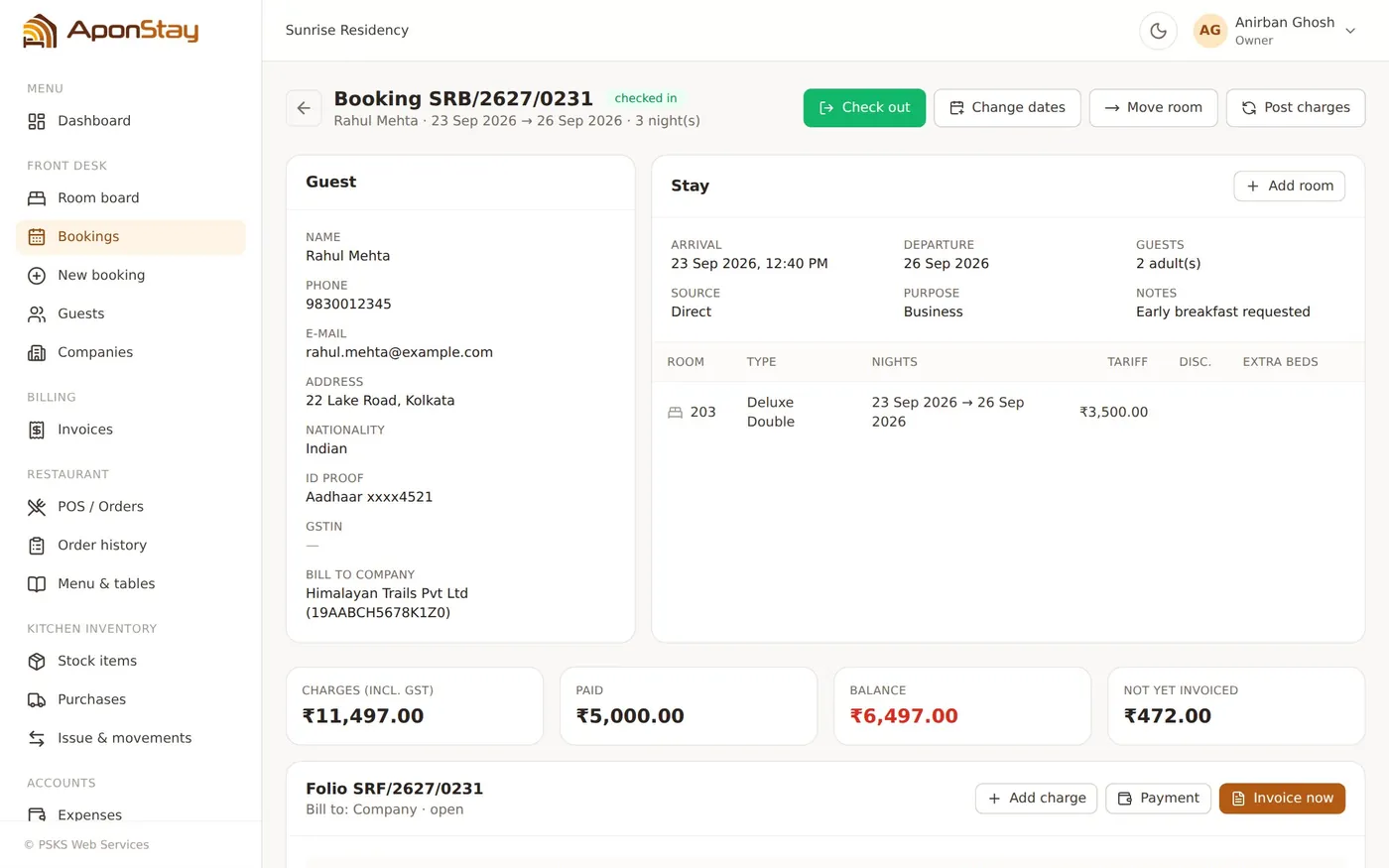 Booking page with the guest folio, charges, payments and balance