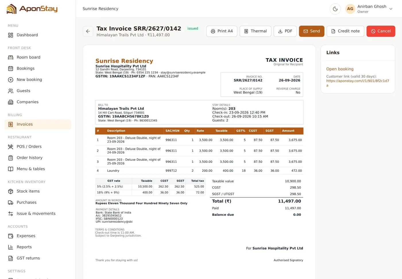 GST tax invoice with rate-wise CGST and SGST summary and amount in words